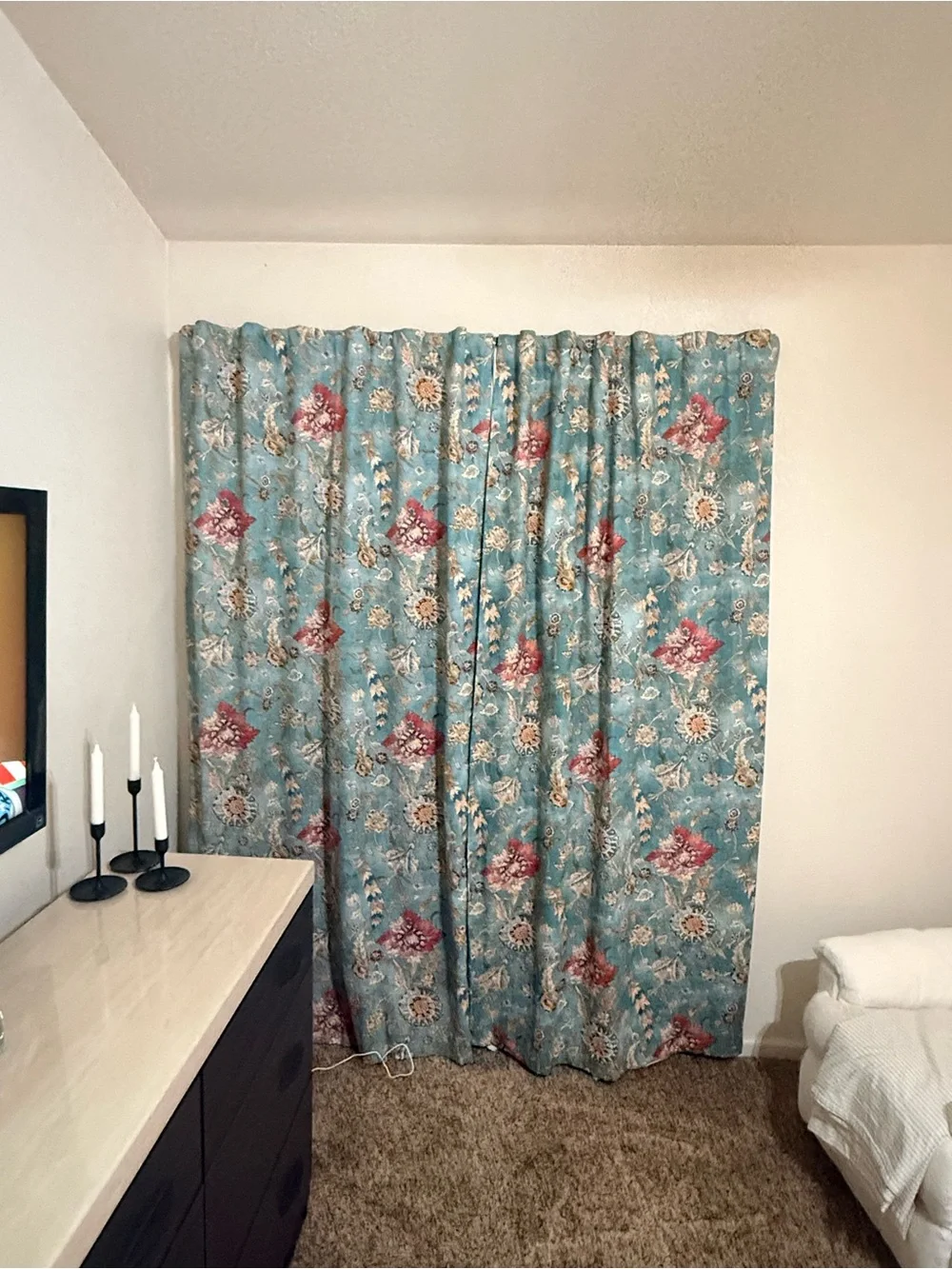 Cost Plus World Market Blue Floral Curtain Panel with Red & Cream Accents